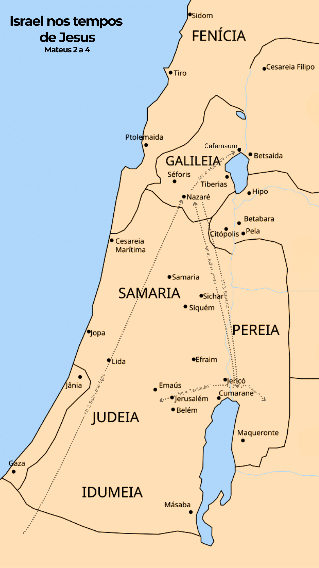 Mapa do início do ministério de Jesus, entre os capítulos 2 e 4 de Mateus